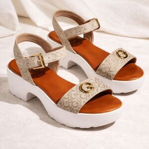 G by Guess Beige Sandals with Gold Buckles
